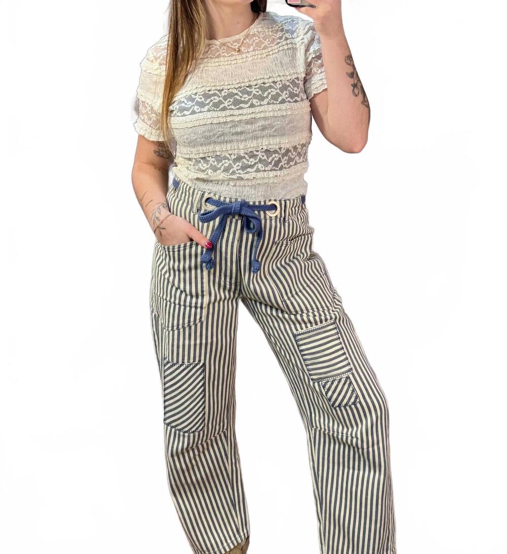 NEW BIBI benny twill barrel pants in navy cream - Picture 4 of 7